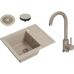 VBChome Spülbecken Granit Beige mit Armatur 55 x 44 cm Einzelbecken Einbauspüle Gesprenkelt Reversibel Granitspüle Beige Siphon Waschbecken Armatur - Beige