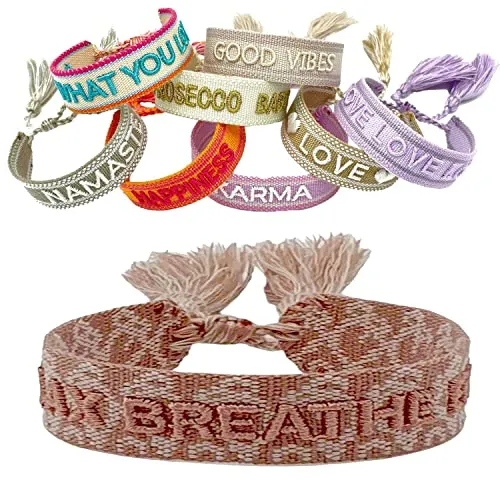 LS-LebenStil Exklusives Statement Armband - das Original - Relax Breathe Enjoy Rose 16-20cm Quasten besticktes Boho Canvas Webarmband Damen Freundschaftsarmband Geschenk gewebt textil Stoffarmband