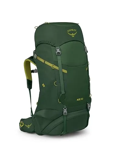 Osprey Kinder Ace 50 Rucksack - 50L, grün - Trekkingrucksack für Kinder von 10 bis 16 Jahren, geräumig und ideal für Abenteuer in der Natur.