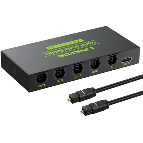 LiNKFOR Digital Optical Audio 1x4 Splitter Digital SPDIF Toslink Optical Fiber Audio Splitter 1 in 4 Out Aluminium Legierung mit optischem Kabel für PS3 Xbox Blue-Ray DVD HDTV 1 x 4 Splitter
