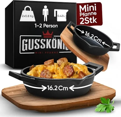 GUSSKÖNIG Gusseisen Grillpfännchen für Grill (2er Set) mit Holz-Untersetzer aus Akazienholz - Gusseisenpfanne klein Ø 11 cm - 2x kleine Pfanne -Voreingebrannte Gusspfannen - 30 Jahre Garantie