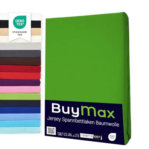 Buymax® Spannbettlaken 180x200cm Baumwolle 100% Spannbetttuch Bettlaken Jersey, Matratzenhöhe bis 25 cm, Farbe Apfelgrün