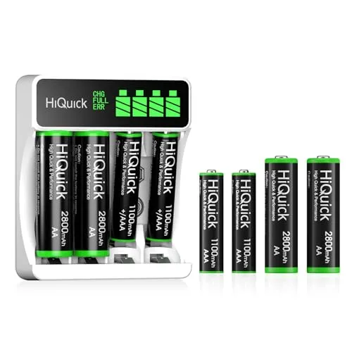 HiQuick Universal Akkuladegerät mit 4 AA Akkus + 4 AAA Akkus, Ladegerät für NI-MH/NI-CD Mignon AA Micro AAA Akku, HD LCD Display, schnelle ladegerät für wiederaufladbare batterien
