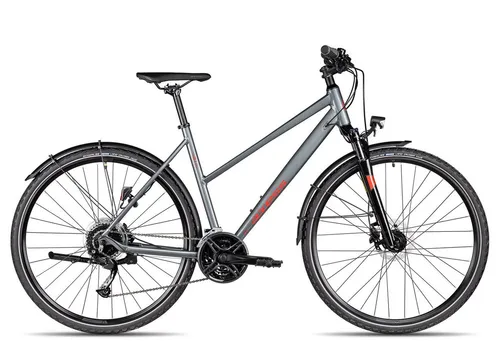 Axess VERIS STREET Trapez Damen-Crossbike 28 Zoll Dunkelgrau - Fahrrad mit 27-Gang Shimano Kettenschaltung und SR Suntour Federgabel für optimalen Fahrkomfort in Stadt und Gelände, leicht und elegant mit nur 16 kg.