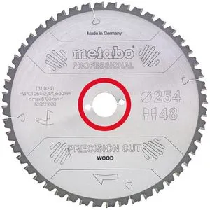 Metabo Kreissägeblatt Precision Cut Wood Professional 254 x 30mm - Zubehör für Elektrowerkzeug, ideal für präzise und geräuscharme Schnitte in Holz mit 48 feingeschliffenen Zähnen. Made in Germany, beste Hartmetallqualität!