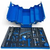 DeTec. Metall Werkzeugkiste V2 Gefüllt 96 tlg In Blau Mit Carbon Optik Einlegern Zum Aufklappen