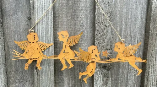 Rostoptik Engeltreff mit 4 Engeln zum Hängen 40 x 15 cm an Band