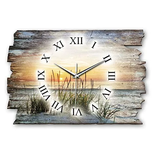 Kreative Feder Designer Wanduhr „Abendspaziergang“ aus Holz 40x27cm im Shabby Style Design - Designeruhr mit flüsterleisem Uhrwerk ohne Ticken (Abendspaziergang, leises Funkuhrwerk)