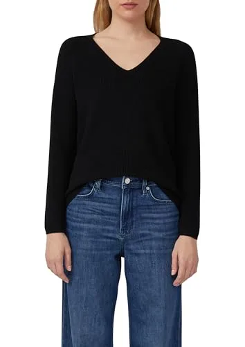 S.OLIVER Damen Strickpullover Schwarz - Stylischer Damen-Pullover in Schwarz von s.Oliver, taillenbedeckend mit V-Ausschnitt und langem Arm. Aus atmungsaktivem Strick, ideal für einen lässigen Look.