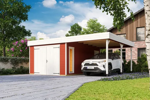 Garage Pultdach 44 mm Bahamas mit Holztor rot - Gartenhaus mit 34,59 m² Nutzfläche, abschließbar und aus robustem Holz, ideal für die sichere Unterbringung Ihrer Fahrzeuge oder Gartenutensilien.