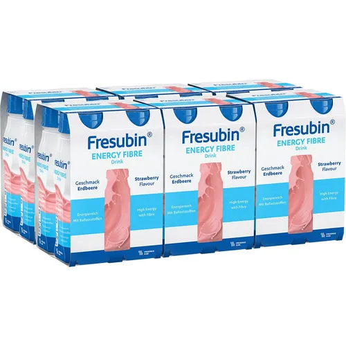Fresubin energy fibre DRINK Erdbeere, 200 ml - Hochkalorische Trinknahrung - Ballaststoffpräparate mit Erdbeergeschmack, ideal zur Bedarfsdeckung von Vitaminen und Spurenelementen, enthält präbiotische und bifidogene Ballaststoffe für eine gesunde Verdauung.