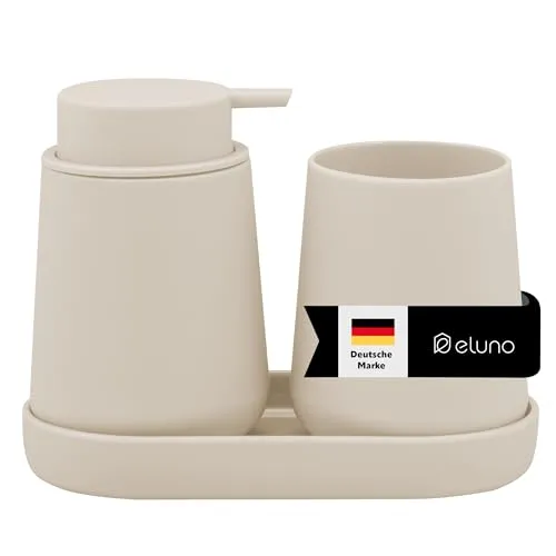 eluno Badezimmer-Set TESERO 3tlg. mit Soft-Touch Oberfläche - Ordnung und Stil für Ihr Bad: Das 3-teilige Set mit Seifenspender, Becher und Schale aus robustem Kunststoff bietet nicht nur Funktionalität, sondern auch ein modernes Design. Ideal für Bad, Gäste-WC oder Küche.