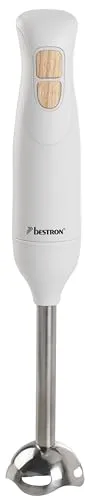Bestron Stabmixer, Pürierstab mit 2 Geschwindigkeitsstufen & ergonomischer Handgriff, inkl. Turbofunktion mit mehr als 14.000/rpm, Staab abnehmbar, Material: Edelstahl, Farbe: Weiß/Holzimitat