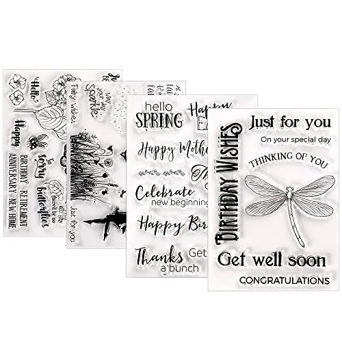ANTHYTA 4 Stück Silikonstempel Klare Stempel Geburtstag Clear Stamp Set Wiederverwendbar Scrapbooking Stempel mit Blumen Silikon Stempelset für Weihnachten Kinder DIY Bullet Journal Fotoalbum