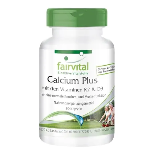 Fairvital | Calcium Plus mit den Vitaminen K2 & D3-90 Kapseln - sichere Dosierung - synergetische Kombination - Qualitätsgeprüft - Made in Germany