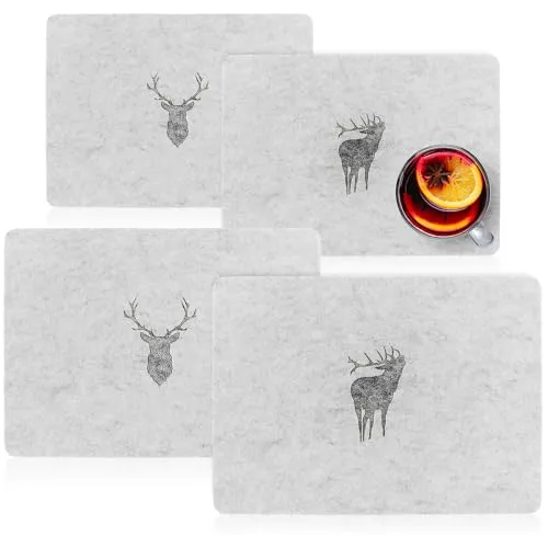 com-four® 4-teiliges Platzset Hirsch - Moderne Filz-Platzmatte im Vintage Design - Premium Tischset aus Filz - abwischbare Geschirr-Unterlagen (Untersetzer 4 Stück - Hirsch)