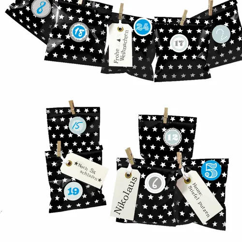 Adventskalender Bescherung zum Befüllen,Papiertütenschwarz Stern,Ziffern blau