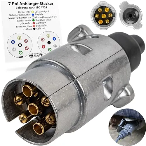 Poliger Anhänger Stecker, 7-pin Alu-Guss-Gehäuse - Universalzubehör für Anhängerkupplungen, wetterfest und korrosionsbeständig mit galvanisierten Kupferkontakten für zuverlässigen Strom bei jedem Wetter.