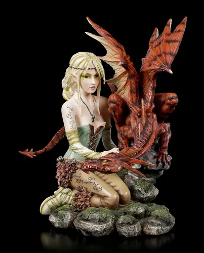 Figuren Shop GmbH Fantasy-Figur Elfen Figur mit Drache – Fantasy Statue Sammlerfigur 31 cm Dekoration