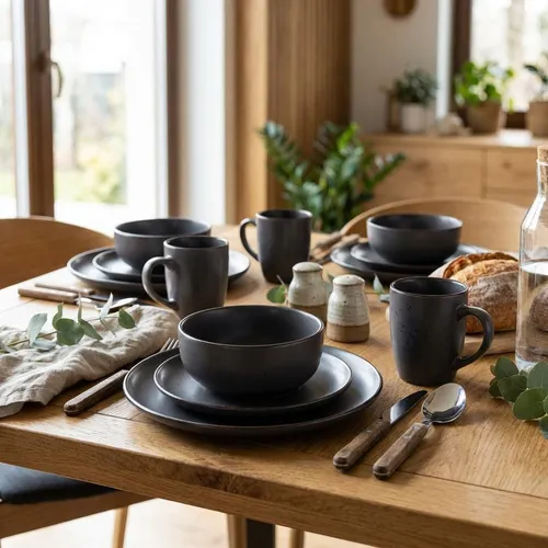 tlg. Kombiservice Tafelservice 6 Bechern Grau mit Punkte Design Geschirrset Tafelset Geschirr 6 Personen Essservice Tellerset 24tlg. 24