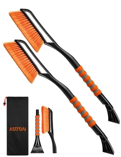 AstroAI Eiskratzer Auto mit Besen Schneebesen Abnehmbarer 68CM Lang | mit große Kante Borsten & Ergonomischem Schaumstoffgriff & Langlebiger Scheibenkratzer lackschonend für Auto, 2 Pack