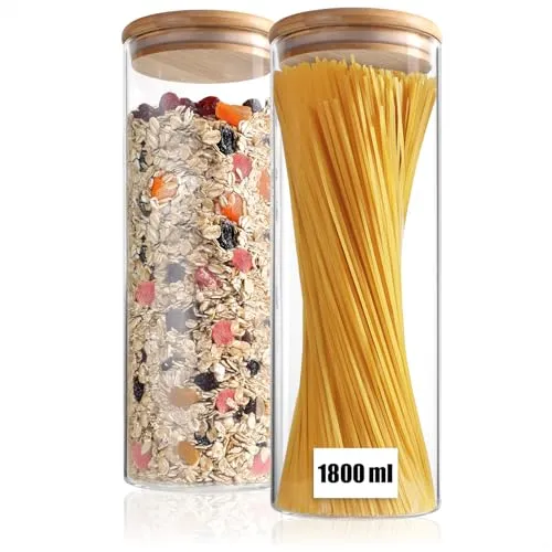 com-four® 2x Vorratsdose mit Bambus-Deckel 1800ml - Luftdichte Borosilikatglas Vorratsgläser für Lebensmittel - Verstärkte Mehrweg-Runddosen 1,8L für sichere Aufbewahrung (2x 1800ml)