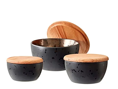 BITZ Schalenset, 3 Schalen/Schüsseln mit Deckel aus Eichenholz, Durchm. 10, 12 & 14 cm, Schwarz/Bronze