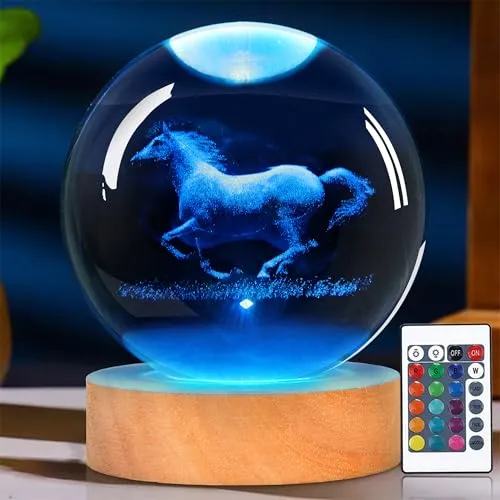 OkiyiD Pferde Kristallkugel,Pferde Lampe,Nachtlicht Kinderzimmer Niedliche Zimmerdekoration,Mit Fernbedienung, 16 Farben, Dimmbar, Geschenk für Pferdeliebhaber