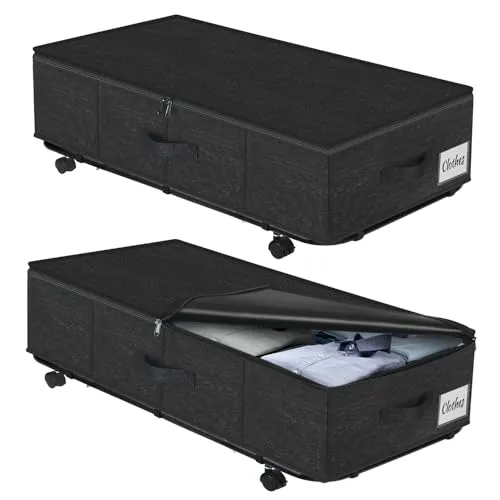 Kukikan Unterbett Aufbewahrungsbox mit Rollen & 3 Griffen, 2er Set Faltbare Unterbett Kommode 50L, Faltbare Aufbewahrungsbox mit Metallrahmen für Kleidung, Schuhe, Bettdecken, Decken