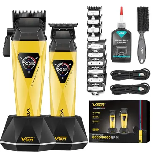 VGR 877S2 Profi Haarschneidemaschine Set Mit DLC Coated Ceramic Blade | Kabelloser Haarschneidemaschine und Zero Gap Präzisionstrimmer mit 9000 U/min Motor, Barber Set mit Ladestation, Gold