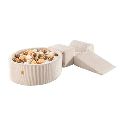 MEOWBABY Spielplatz aus Schaumstoff mit Bällebad 240x45cm - Schaumspielset mit 200 Bälle für Kinder, Velvet, Ecru: Golden/Beige/Weiß/Transparent