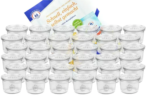 MamboCat Einmachglas 36er Set - Weck Gläser 80ml mit Rezeptheft - Praktisches 36er Set Sturzgläser á 80 ml, ideal zum Einkochen von Obst und Gemüse. Inkl. Rezeptheft für kreative Marmeladen und Dips. Perfekt für Hobbyköche!