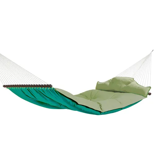 Exclusive Stabhängematte - doppelseitig verwendbar in hellgrün/türkis - Hängematte für Erwachsene und Kinder, mit weichem Stoff und einer Gewichtskapazität von 120 kg. Ideal zum Entspannen, bereits vollständig montiert und mobil einsetzbar.