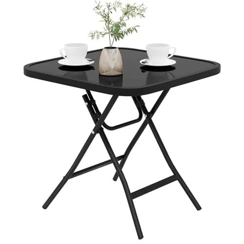 eSituro Klapptisch, Beistelltisch klappbar, Balkontisch Campingtisch Gartentisch Bistrotisch, mit Metallrahmen, rechteckige Tischplatte aus gehärtetem Glas, 46x46x48 cm, Schwarz
