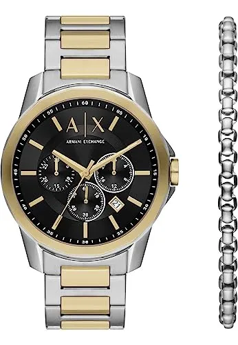 Armani Exchange Herren Uhr Chrono 44 mm Ø Set Armkette AX7148SET - Armbanduhren für Herren, elegante Edelstahl-Armbanduhr mit 12-Stunden-Zifferblatt und stylischer Armkette, ideal für jeden Anlass und perfekt verpackt.