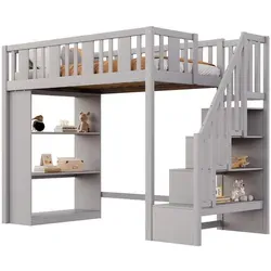 Beaok Hochbett, Grau, Holz, 90x200 cm, Kinder- & Jugendzimmer, Kindermöbel, Kinderbetten, Hochbetten