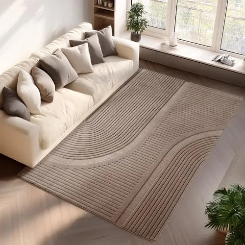 Jimri - Moderner kurzflor Teppich waschbar pflegeleicht ideal fürs Wohnzimmer, Schlafzimmer, Gästezimmer und Kinderzimmer Boho Skandi Design mit 3D Optik Hoch-Tief Effekt - 200x290 cm - Beige