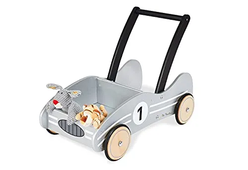 PINOLINO Lauflernwagen Kimi, silber - Lauflernwagen für Kinder von 1-6 Jahren, mit sicherem Bremssystem und stabilen gummierten Holzrädern für unbesorgtes Laufen lernen.