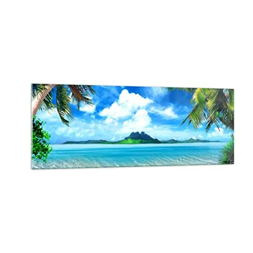Panorama Bilder auf Glas Strand Urlaub Insel Palme Glasbild 140x50cm Wandbilder Dekoration Wohnzimmer Schlafzimmer Küche Groß XXL Wanddeko Bild im Glas Wand Kunstdruck Art Modern GAB140x50-2528