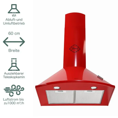 Gurari GCH C 046 RD 6 N Dunstabzugshaube 60cm Rot - Effiziente Wandhaube mit 1000m³/h Abluftleistung, 3 Gebläsestufen und energieeffizienter LED-Beleuchtung. Ideal für eine saubere Küchenatmosphäre.