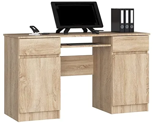 PC-Schreibtisch A5 mit Tastaturablage | Office Desk | Computertisch | Bürotisch mit Tastaturablage | 2 Schubladen und 2 Türablagen, B135 x H77 x T50 cm, 58 kg | Sonoma Eiche