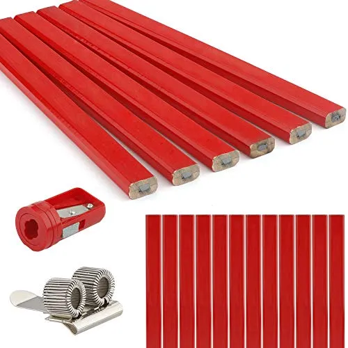 Rybtd Zimmermannsbleistifte Rot 20 Stück Bleistift Baustelle 177MM Baubleistifte Hart Zimmermann Baustift mit Bleistiftanspitzer und Stifthalter Clips