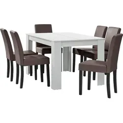 [en.casa] Esstisch weiß matt mit 6 braunen Kunstleder-Stühlen, 140x90 cm - Moderne Esstischgruppe für 6 Personen, ideal für stilvolle Esszimmer. Der seidenmatt weiße Tisch und die pflegeleichten Kunstlederstühle bieten Komfort und Eleganz.