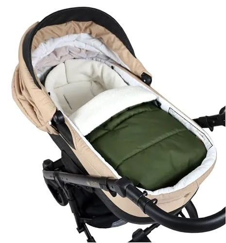 BABYLUX Bouclé Fußsack Kinderwagen 90cm | Universal Winter-Schlafsack, Wasserdicht & Warm | für Buggy, Babyschale, 3 und 5-Punkt Gurt geeignet (BF3 Grün + Boucle Ecru)
