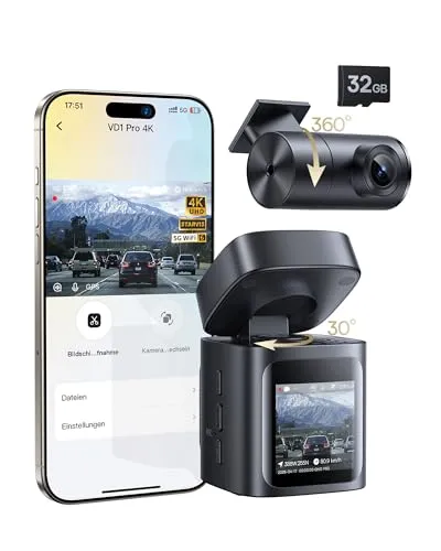 Baseus VD1 Pro Dashcam Auto Vorne Hinten 4K+1080P, Solar-Dashcam mit 14-Tägiger Batterie-Standby-Parkmodus, Dash Camera Auto mit Akku, STARVIS Nachtsicht, 5GHz WLAN, GPS, 32GB Karte