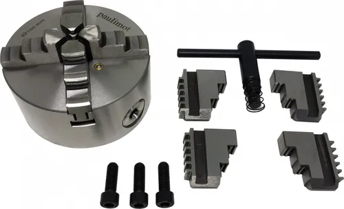 Vierbackenfutter 100 mm - Zentral verstellbare Backen - Backzutaten: Hochwertiges Vierbackenfutter mit 100 mm Durchmesser, ideal für präzises Arbeiten an der Drehbank. Inkl. Innen- und Außenbacken sowie Zubehör.
