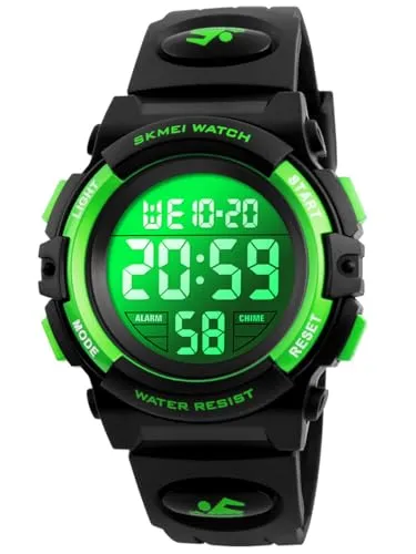 Alienwork Seven-Color LED Digital Kinderuhr Jungen Mädchen Schwarz Kautschuk-Armband Kalender Mehrfarbig Chronograph Sportlich Multi-Funktion