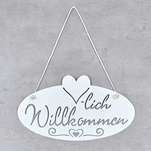 levandeo Schild Willkommen Herz 28,5x16cm Garten-Deko Weiß Türschild Wandbild Wandschild