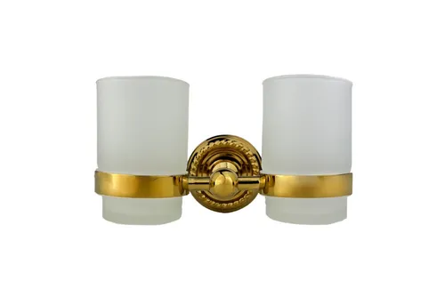 Belle Arti Zahnputzbecherhalter 2er Set - Messing Verona mit Gläsern - Zahnputzbecherhalter aus 100% italienischem Messing, mit echten Kristallen und Keramik, ideal für elegante Badezimmergestaltung.