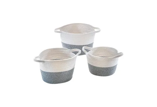 Kobolo Aufbewahrungskorb Baumwollkorb rund grau weiß mit Griffen 3er Set